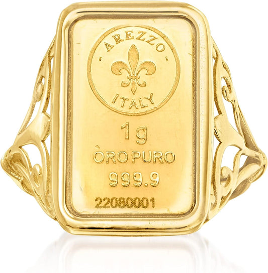 Italian 24Kt Yellow Gold Fleur-De-Lis 1-Gram Ingot Ring with 14Kt Yellow Gold Band