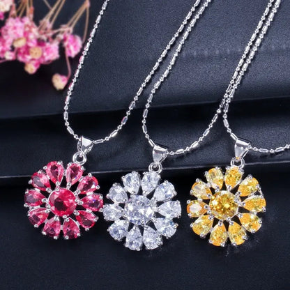 Gloriya Shining Purple Stone Sun Flower Pendant Necklace Earrings Ring Set For Women Newest Silver Color Jewelry