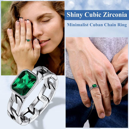 Cuban Link Chain Band Ring with CZ Sterling Silver Jewelry Wedding Engagement Gift with Delicate Packaging