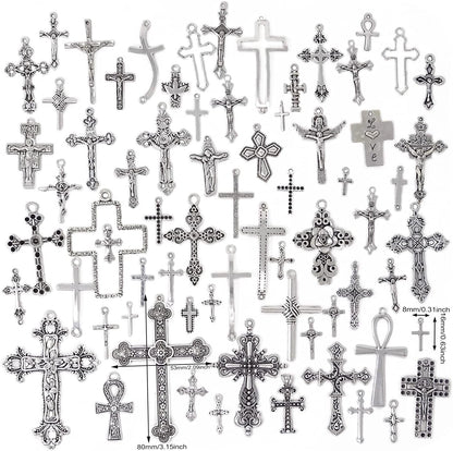 70PCS Metal Mixed Cross Charms Pendant Antique Silver Plated Jesus Christ Cross Jewelry Findings for DIY Necklace Earring Bracelet Keychain Craft Making (70 Styles)