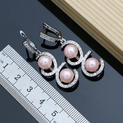 Luxury Silver 925 Jewelry Sets for Women Shiny Pink Pearl Bracelet Topaz Earrings Ring Necklace Sets Gift for Her Dropshipping