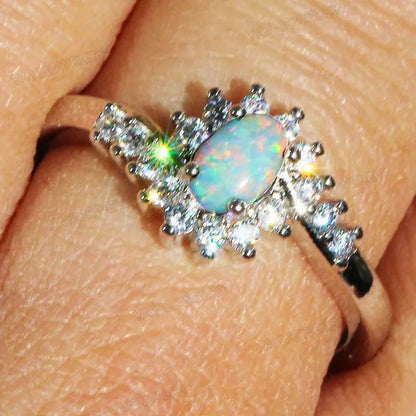 Exquisite  Silver Natural Sapphire Gemstones Opal Birthstone Bride Princess Wedding Engagement Strange Ring Size 6 7 8 9 10
