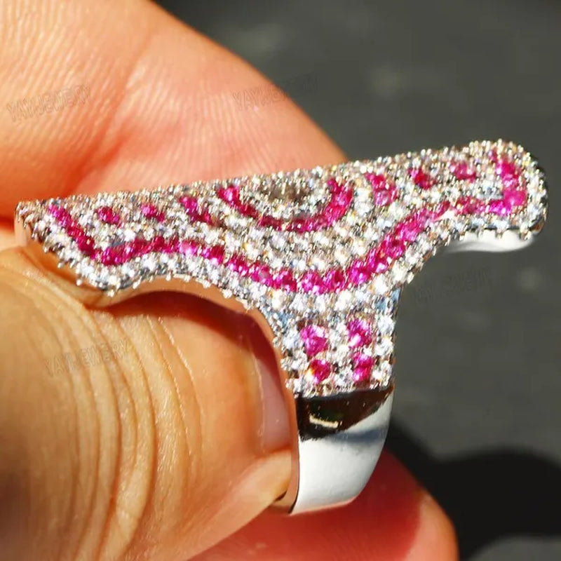 Silver Natural Gemstones Ring Ruby & White Sapphire Wedding Birthstone Bride Engagement Square Brand Crown Cross Crucifix Ring Jewelry Size 6 7 8 9 10
