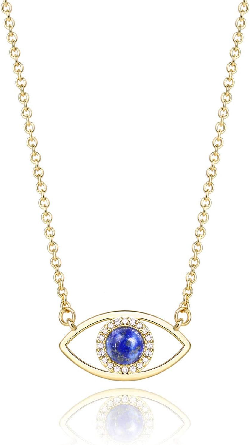 14K Gold Dainty Evil Eye Necklace for Women | Gemstone Necklace | Real Crystal Necklace for Women