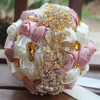 Private Custom 18CM Wedding Bouquet Luxury Gold Crystal Brooch Bride Bouquet Pure Handmade Silk Rose Ribbon Wedding Bride Holding Flowers Multi-Color Optional