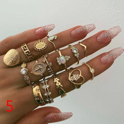 10Style Retro Beauty Avatar Coin Cross Ring Set Pattern Love Fatima Palm Ring Set for Women
