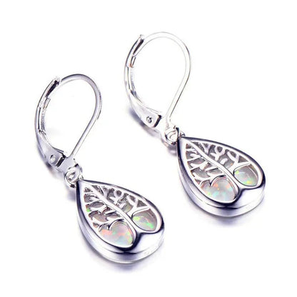 Luxurious Fashion 925 Sterling Silver Filled Life Tree Drop Earrings for Women Water Drop Stone Blue Fire Opal Birthstone Earrings