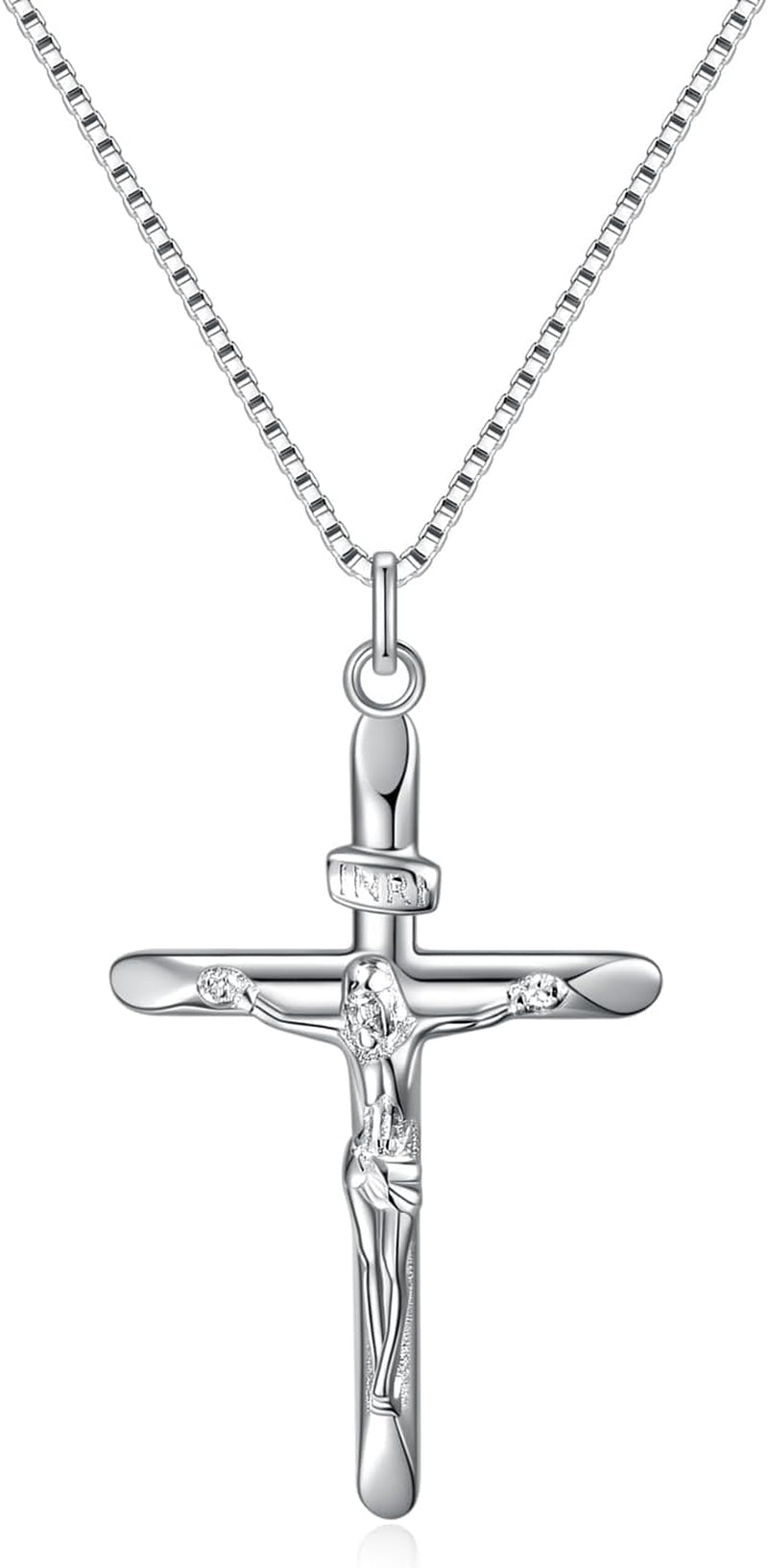 925 Sterling Silver Crucifix Pendant Necklace for Women, Jesus Christ on INRI Cross Necklace