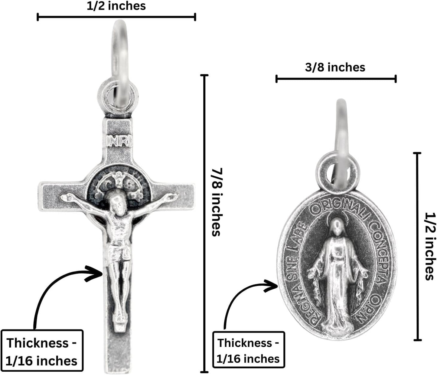 Silver Oxidized Italian Crucifix and Mary Mini Miraculous Medal Necklace on 16" Stainless Steel Chain - Jesus Mary Chain Catholic Necklace for Women, Couples Necklace, Unisex Religious Medal Necklace