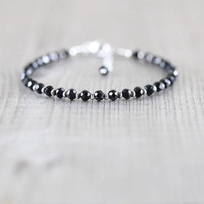 Black Spinel, Sterling & Karen Hill Tribe Silver Bracelet Boho Beaded Gemstone Bracelet Dainty Stacking Bracelet