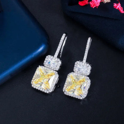 Gloriya Brilliant Sparkly Micro Cubic Zirconia Pave Citrine Square Drop Dangle Hook Earrings Jewelry for Women Fashion Accessory
