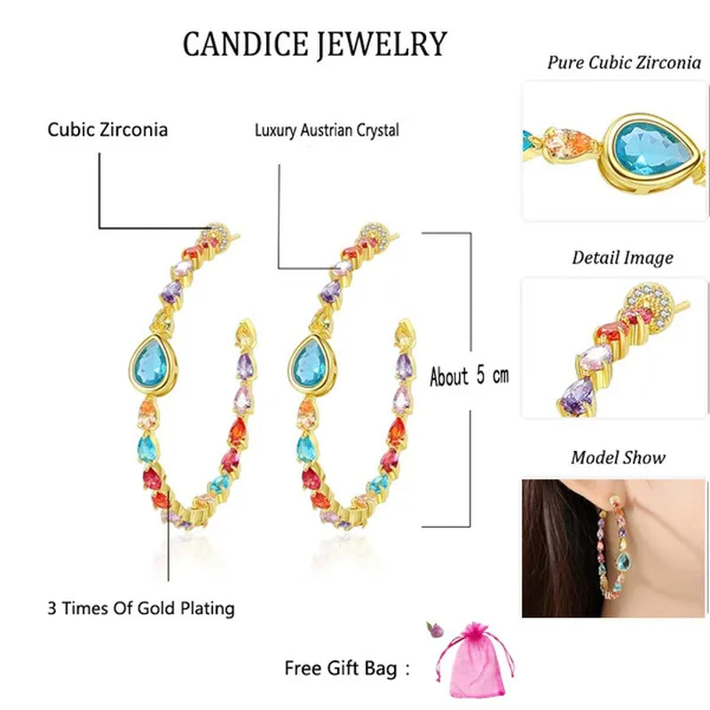 CANDICE Gorgeous Multi Color Crystal round Hoop Earrings with Brilliant Water Drop AAA Cubic Zirconia Big Circle Earring for Women Party Jewelry