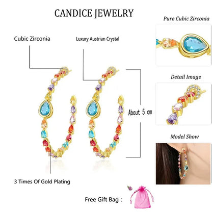 CANDICE Gorgeous Multi Color Crystal round Hoop Earrings with Brilliant Water Drop AAA Cubic Zirconia Big Circle Earring for Women Party Jewelry