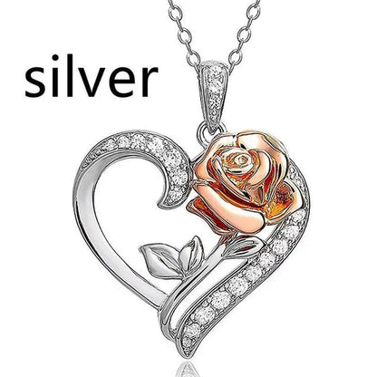 Exquisite Fashion Heart Rose Zircon Necklace Couple Heart Pendant Engagement Necklaces for Women Rose Jewelry Wedding Accessories Birthday Party Anniversary Gift