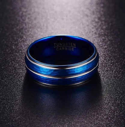 NEW 8mm Polished Grooved Tungsten Steel Rings Blue Brushed Hammered Step Edge Jewelry  for Men Wedding Band