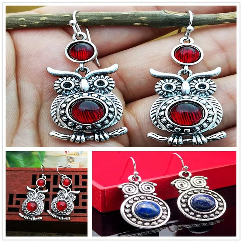 Retro Tibetan Silver Natural Ruby Sapphire Inlay Owl Ear Hook Dangle Earrings Gift for Women