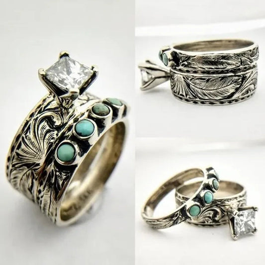 2Pcs /Set Unique European and American Female Antique Hand Carved Jewelry 925 Sterling Silver Natural Gem Diamond Ring and Turquoise Engagement Ring Bride Promise Ring Anniversary Gift Birthday Party Ring Size 4-11