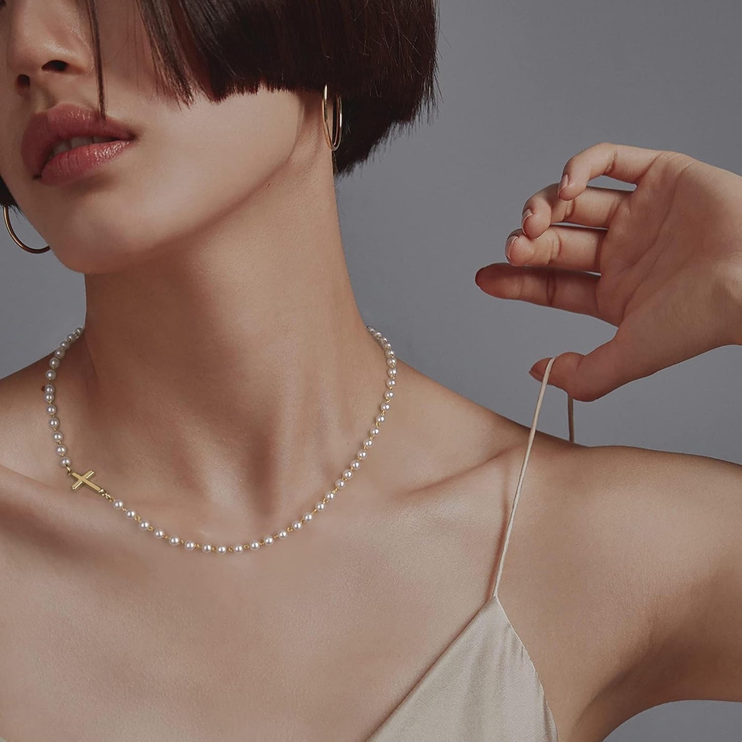 14K Gold Plated Cross Necklace for Women, Gold Pearl Necklace with Cross Pendant Dainty Cross Choker Necklace Trendy Faith Jewelry Religious Gifts