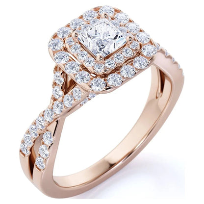 Elegant 1 Carat - Square Cut Diamond - Twisted Band - Pave - Double Halo Engagement Ring - 10K Rose Gold