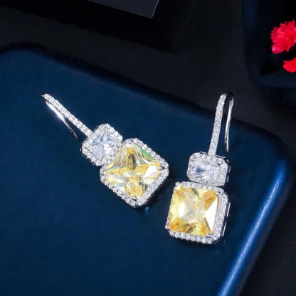 Gloriya Brilliant Sparkly Micro Cubic Zirconia Pave Citrine Square Drop Dangle Hook Earrings Jewelry for Women Fashion Accessory