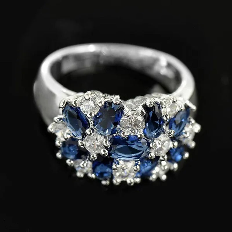 Fashion Women Blue Sapphire Flower Rings Crystal Zircon Gemstone Rings Size 6-10