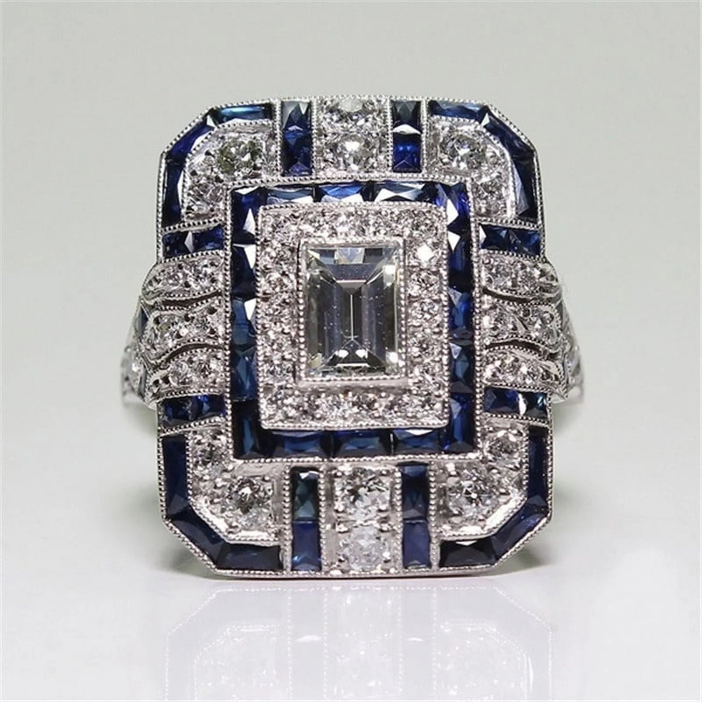 Antique Art Deco 925 Sterling Silver Sapphire Diamond Ring