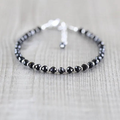 Black Spinel, Sterling & Karen Hill Tribe Silver Bracelet Boho Beaded Gemstone Bracelet Dainty Stacking Bracelet