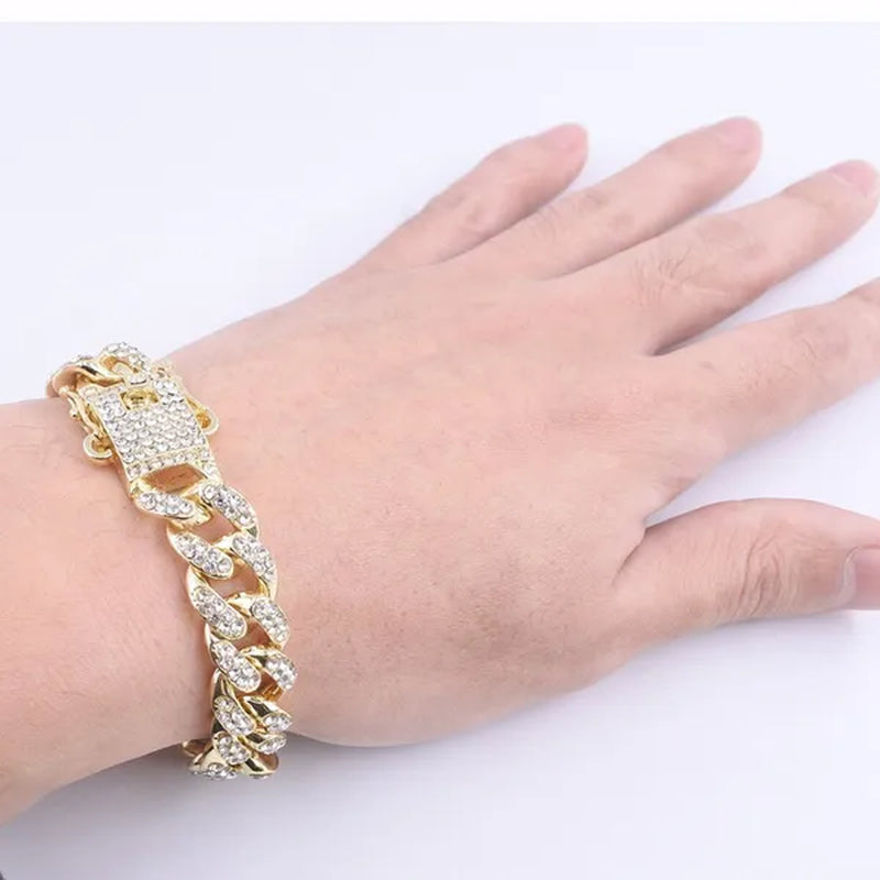 13MM Men's Hip Hop Necklace or Bracelet,Iced Out Bling Rhinestones Miami Cuban Link Chain Necklace Bracelet Set Jewelry Gifts