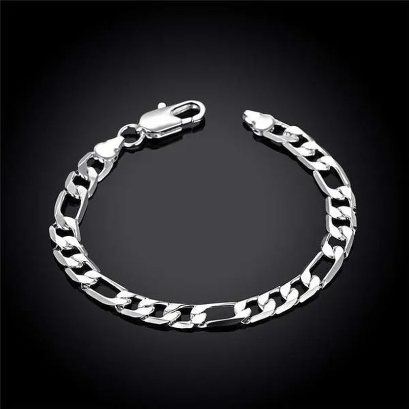 2pcs/Set(Bracelet+Necklace) 925 Sterling Silver Charms Men Women Figaro Curb Lobster Clasps Link Chain Bracelet and Necklace Fashion Exquisite Jewelry Gifts