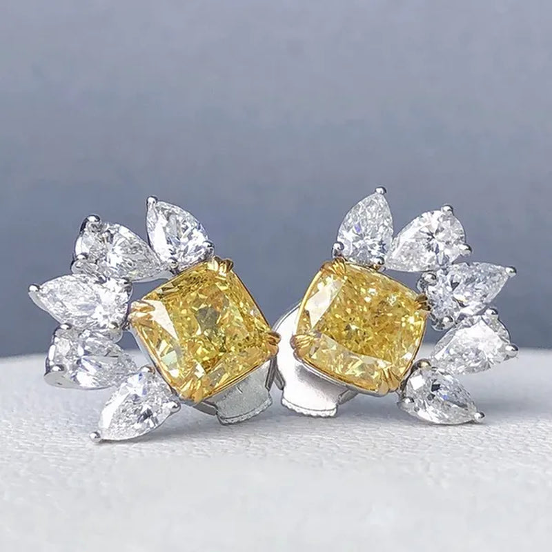 925 Sterling Silver Delicate Cushion Cut Citrine Stud Earrings for Women Party Proposal Waterdrop Diamond Earrings Jewelry