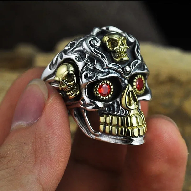 Vintage Fashion Punk Personality Two-Tone Stainless Steel Skull Ring Retro Ruby Inlay Men'S Punk Jewelry Size 7-14