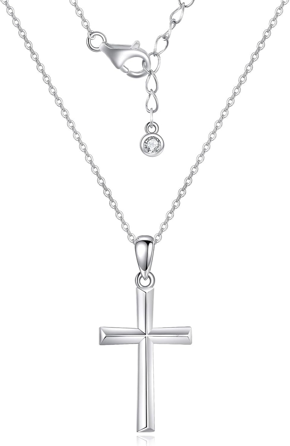 Minimalist Cross Necklace 925 Sterling Silver Dainty Pendant with Zircon Tail Chain, Simple Religious Jewelry Gift for Women