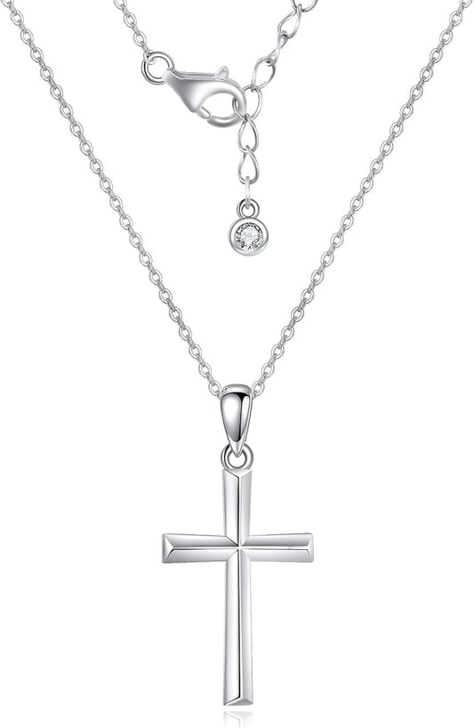 Minimalist Cross Necklace 925 Sterling Silver Dainty Pendant with Zircon Tail Chain, Simple Religious Jewelry Gift for Women