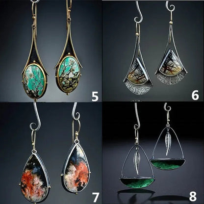 1 Pair Antique 925 Sterling Silver Pendant Earrings Natural Gemstone Inlay Dangle Earrings Bridal Engagement Wedding Anniversary Gift Bohemian Style Earrings