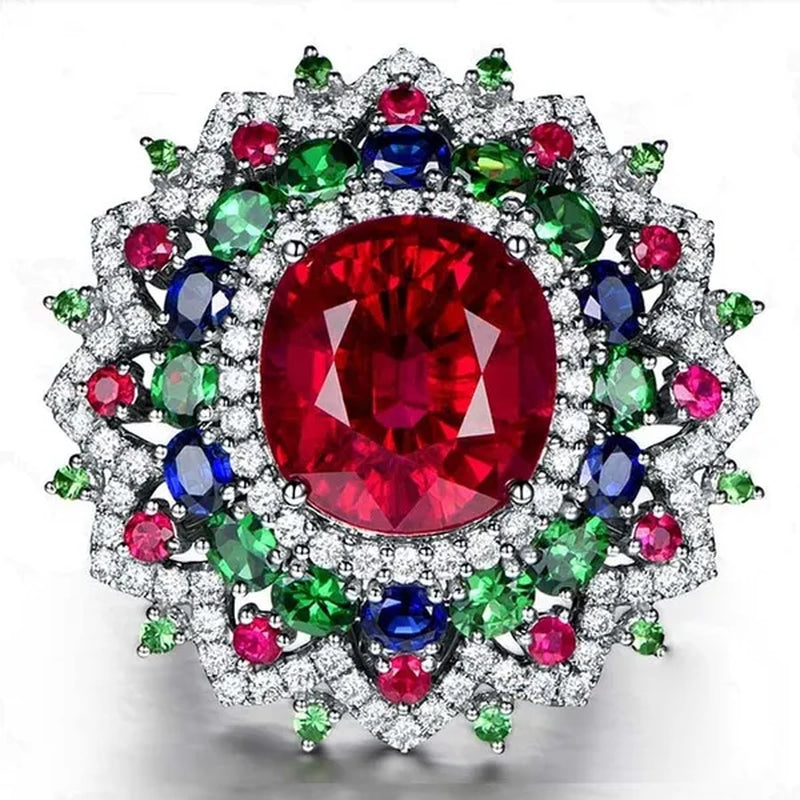 Luxury  Silver Ruby & Emerald & Sapphire & White Sapphire Natural stone Birthstone Gemstones Engagement Eyes Brand Flower Rings Wedding Anniversary Bride Women Ring Size 678910