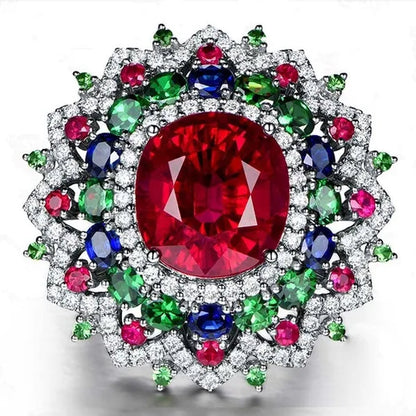 Luxury Silver Ruby & Emerald & Sapphire & White Sapphire Natural Stone Birthstone Gemstones Engagement Eyes Brand Flower Rings Wedding Anniversary Bride Women Ring Size 678910