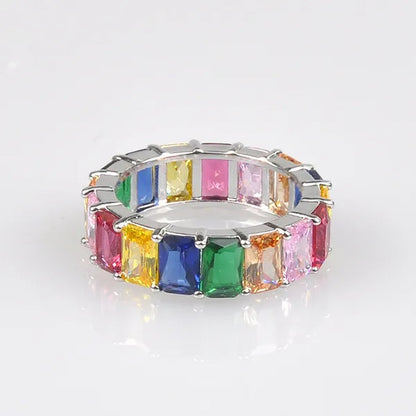 Silver Ring Colored Square Rainbow Ring Statement Crown Ring Natural Gemstones Ring Wedding Bride Engagement Band Charm Party Ring Jewelry