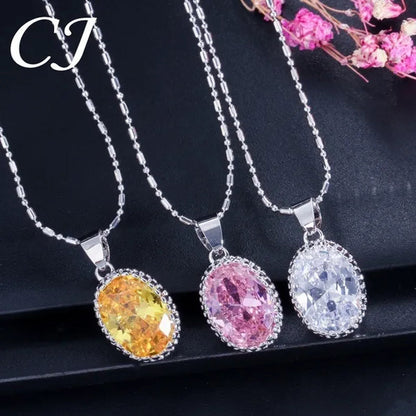 CANDICE Elegant Engagement Accessories Big Oval Cut CZ Stone Silver Necklace Earrings Ring for Bridal Wedding Bling Jewelry Set (US 6-9)