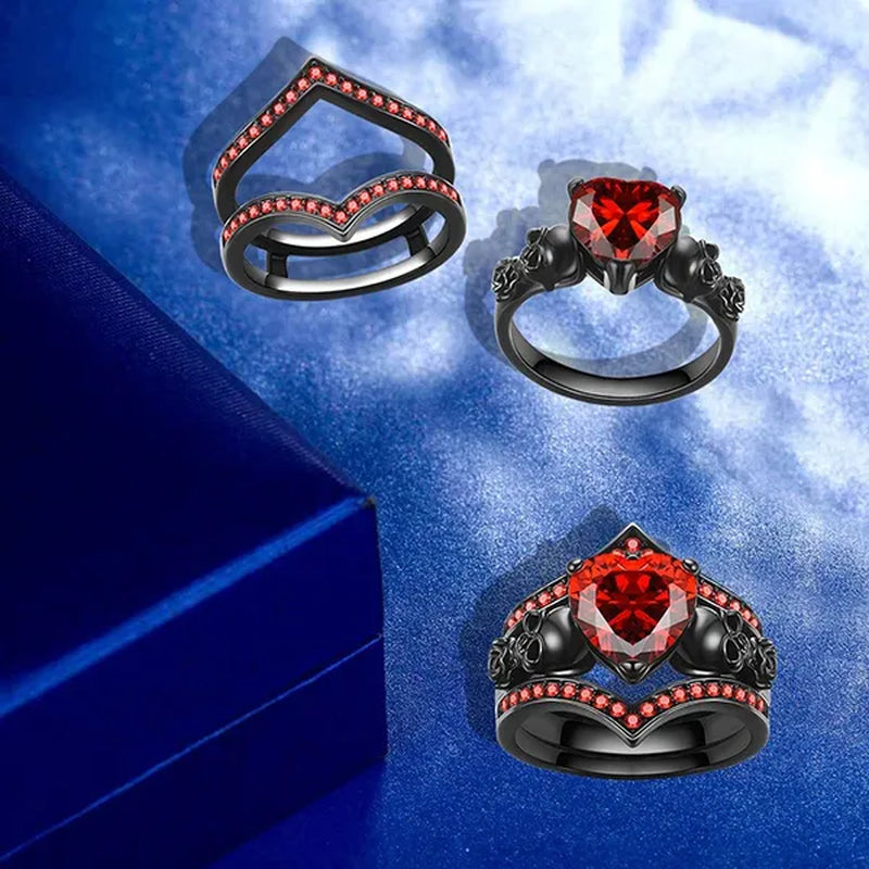 Gothic Black Rose Flower Skull Engagement Rings Set Red Purple Heart-shaped Zircon Crystal Wedding Anniversary Holiday Gift Jewelry
