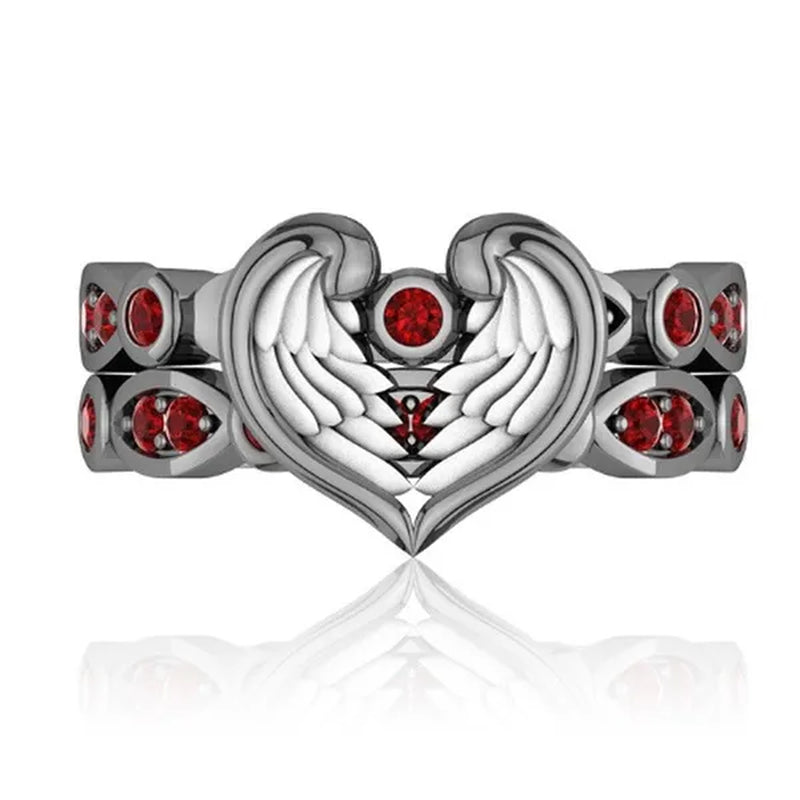2 Pieces/Set Beautiful Women Fashion Exquisite Jewelry Classic Creative Angel Wings Heart Ring Elegant Princess Red Zircon Ring Set Romantic Bridal Engagement Wedding Ring Set Anniversary Birthday Party Christmas Gift Ring Set Jewelry Size US4-11