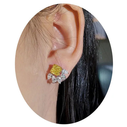 925 Sterling Silver Delicate Cushion Cut Citrine Stud Earrings for Women Party Proposal Waterdrop Diamond Earrings Jewelry