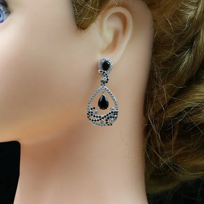 925 Silver Jewelry Sets Black Sapphire White Topaz Decoration For Women Party Earrings/Pendant Necklace Set