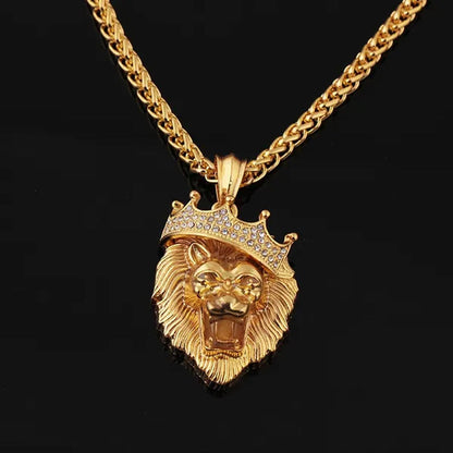 Titanium Steel Diamond Crown Lion Head Necklace Hip Hop Luminous Necklace Men's Gold-plated Punk Party Pendant Necklace