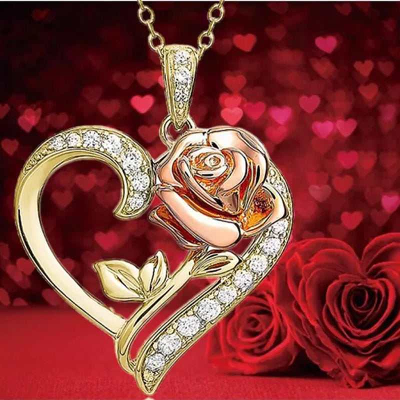 Exquisite Fashion Heart Rose Zircon Necklace Couple Heart Pendant Engagement Necklaces for Women Rose Jewelry Wedding Accessories Birthday Party Anniversary Gift