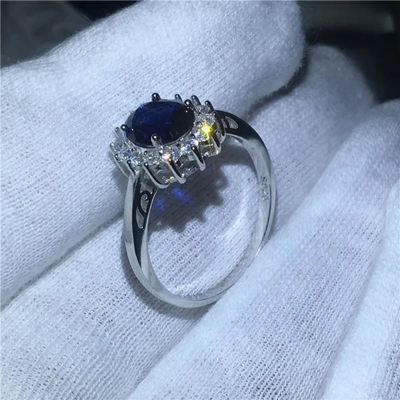 Royal Jewelry Princess Diana Soild Silver Color Ring Sapphire Cz Diamond Engagement Wedding Band Rings for Women Bridal Size 5-11 Bague Femme