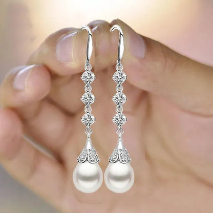 High Quality Temperament White Pearl Eardrop Earrings 925 Sterling Silver Long Earhook White Zircon Ear Jewelry