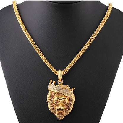 Titanium Steel Diamond Crown Lion Head Necklace Hip Hop Luminous Necklace Men's Gold-plated Punk Party Pendant Necklace