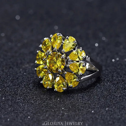 Gloriya Natural Mystic Purple Crystal Ring Cocktail Party Engagement Wedding Ring Silver Plated Jewelry Big Flower Fine Jewelry Women Ring Classic