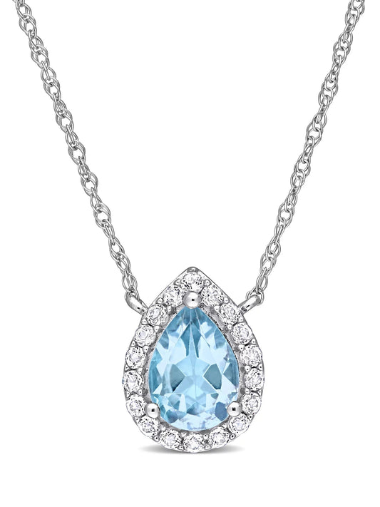 1-1/10 Carat T.G.W. Pear-Cut Sky Blue and White Topaz 10Kt White Gold Halo Necklace with Chain