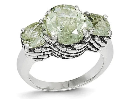 Green Amethyst Three Stone Ring 4.50 Carat (Ctw) in Sterling Silver